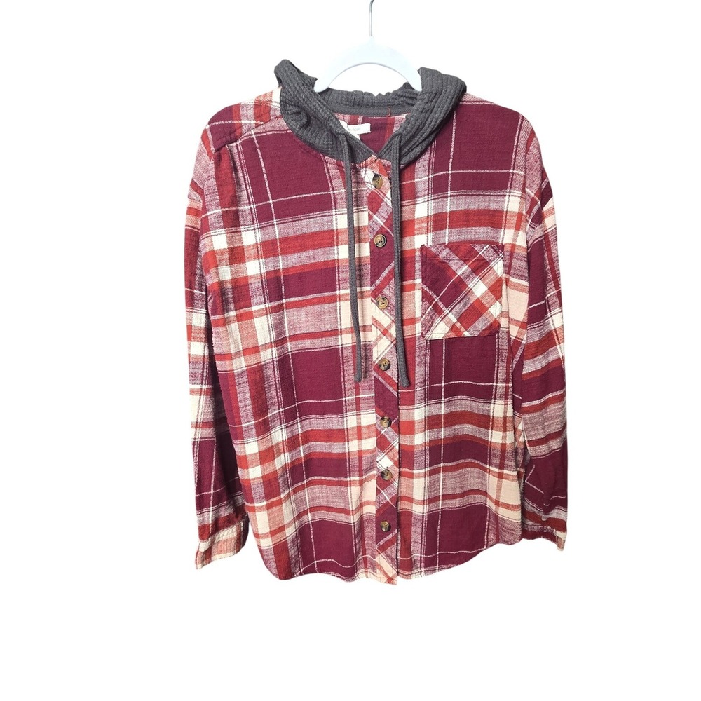 Maurices Plaid Hooded Flannel Shirt Women XL Red White Button Up Rustic Cabin